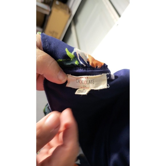 Chocolate Floral Maxi Dress  Blue Orange Flowers Ruffle Neckline Party Size S - Picture 8 of 9